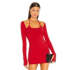 H:ours Red Ribbed Halter Dress